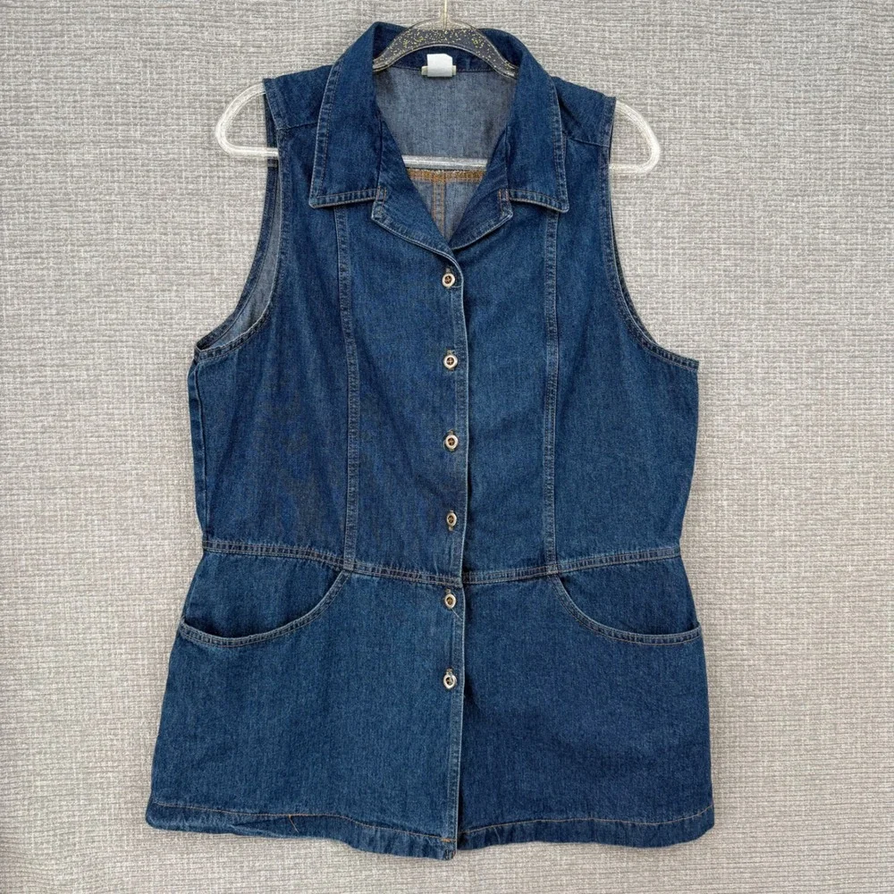 Vtg Vivaldi Jeanswear Denim Vest Women L Blue Button Front USA Boho Cottage Long